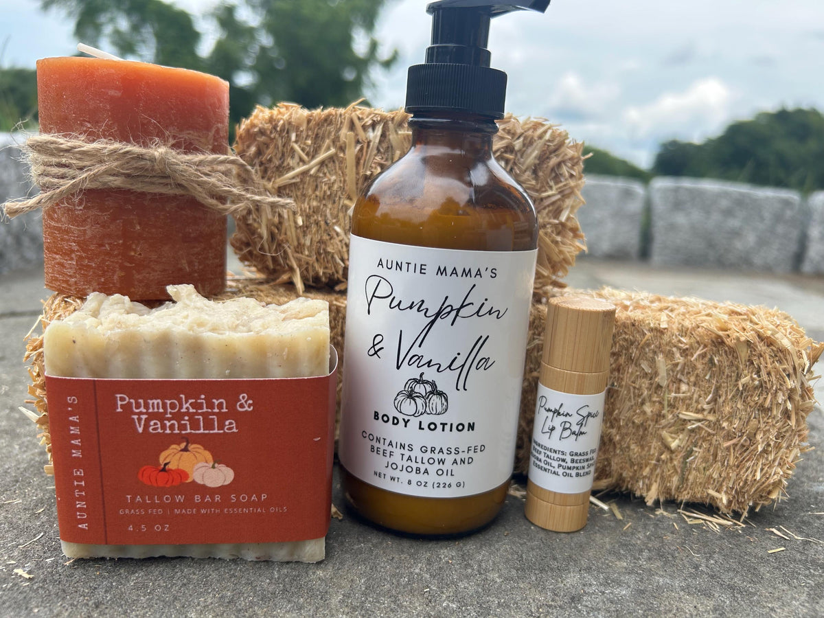 Fall Pumpkin Variety Pack - Grass Fed Tallow Pumpkin & Vanilla Soap - Lotion -  Tallow Lip Balm