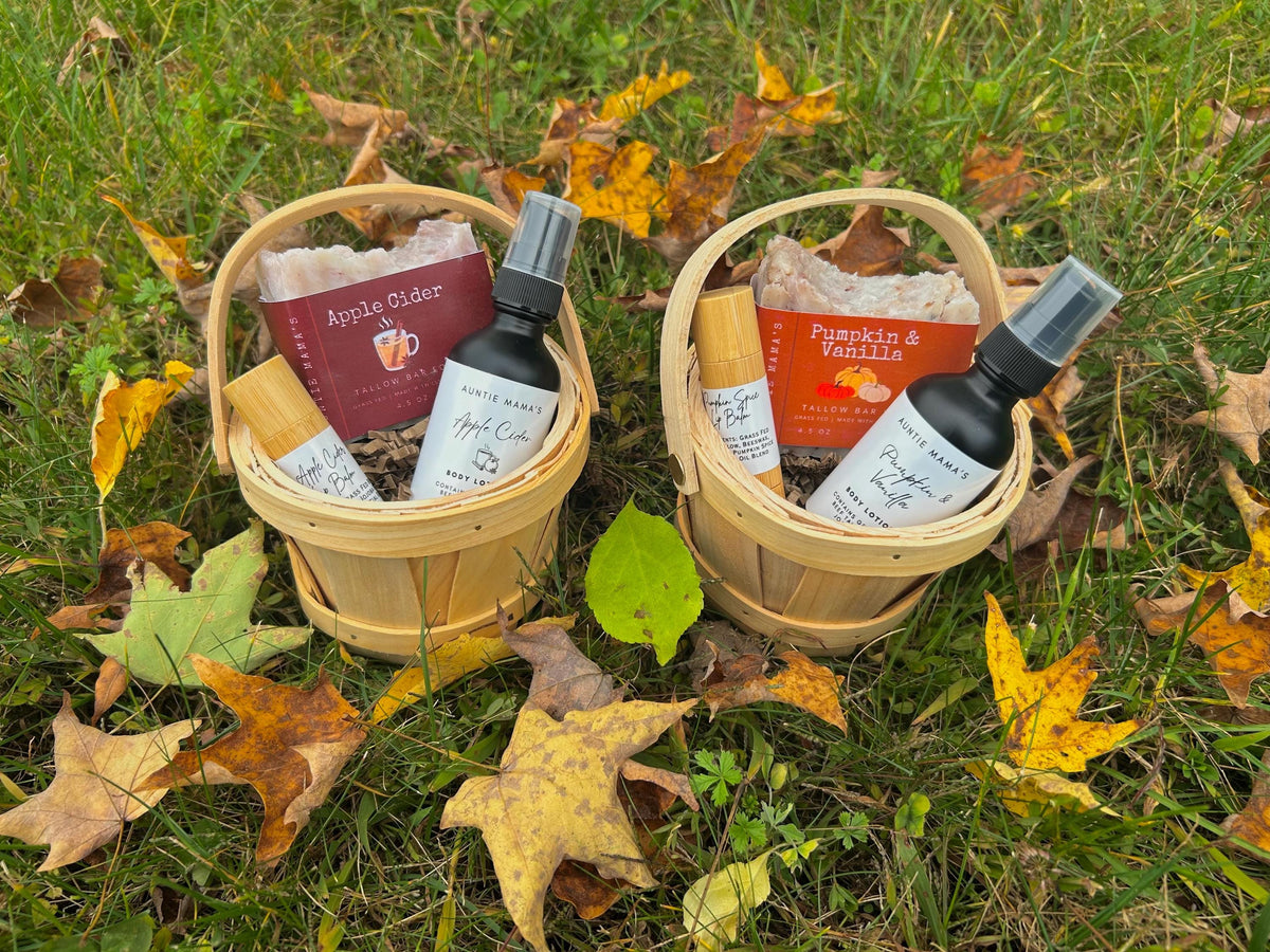 Fall Gift Basket - Choice of Apple or Pumpkin - Grass Fed Tallow Soap - Tallow Lotion -  Tallow Lip Balm
