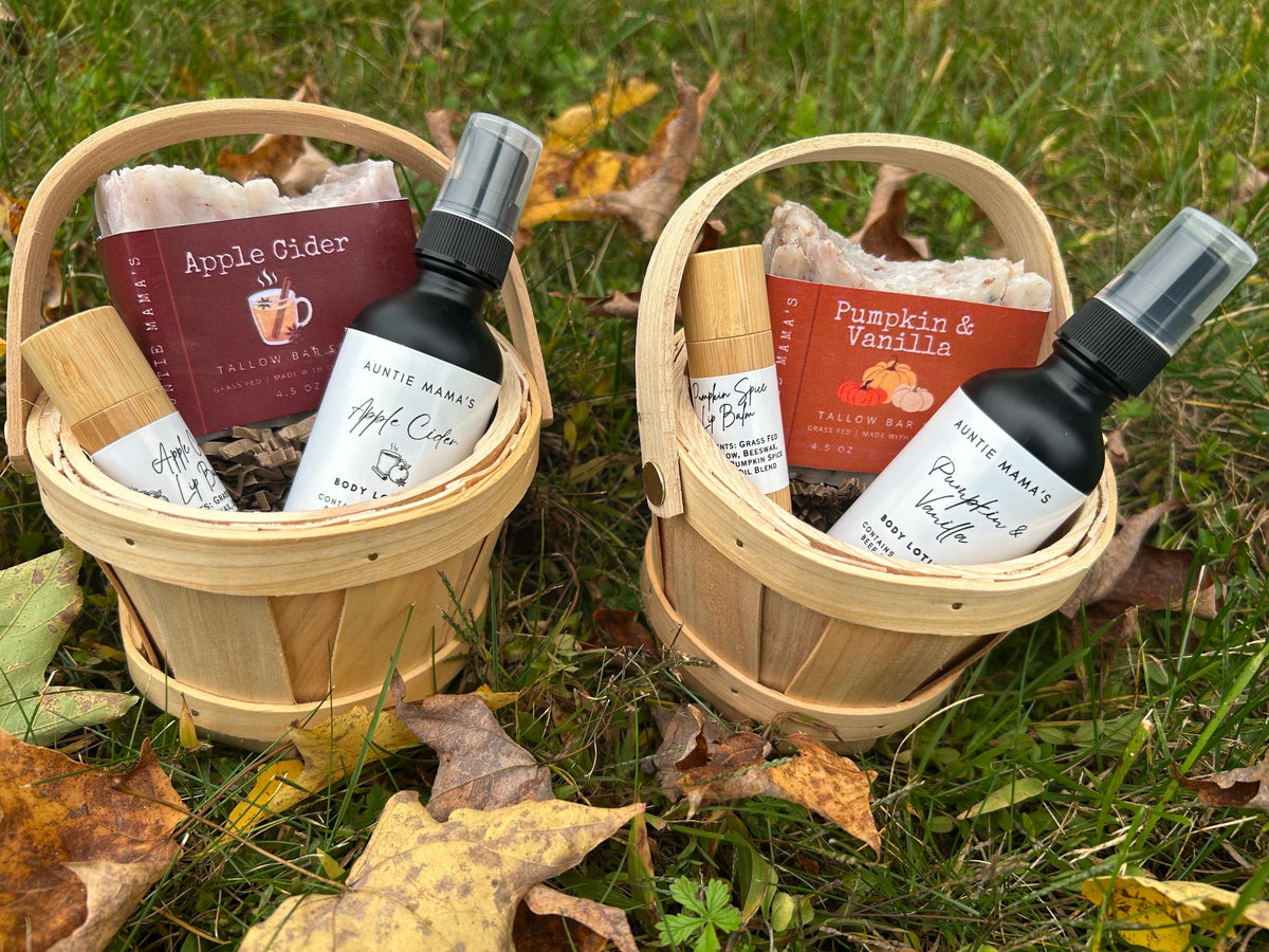 Fall Gift Basket - Choice of Apple or Pumpkin - Grass Fed Tallow Soap - Tallow Lotion -  Tallow Lip Balm
