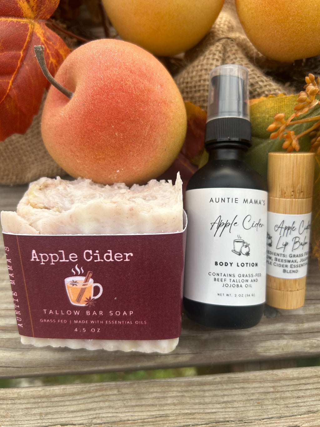 Fall Apple Cider Variety Pack - Grass Fed Tallow Apple Cider Soap - Lotion -  Tallow Lip Balm