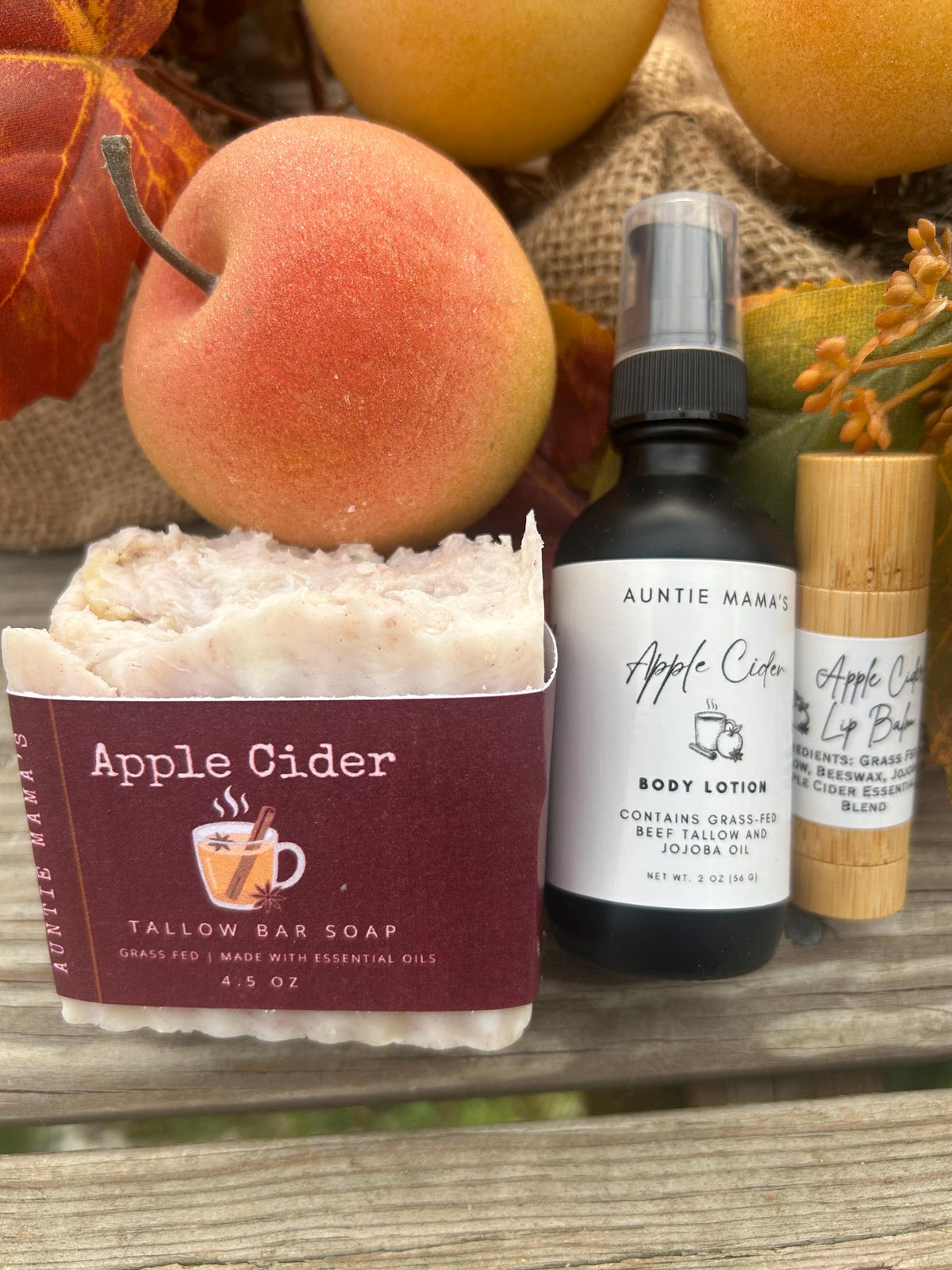 Fall Apple Cider Variety Pack - Grass Fed Tallow Apple Cider Soap - Lotion -  Tallow Lip Balm