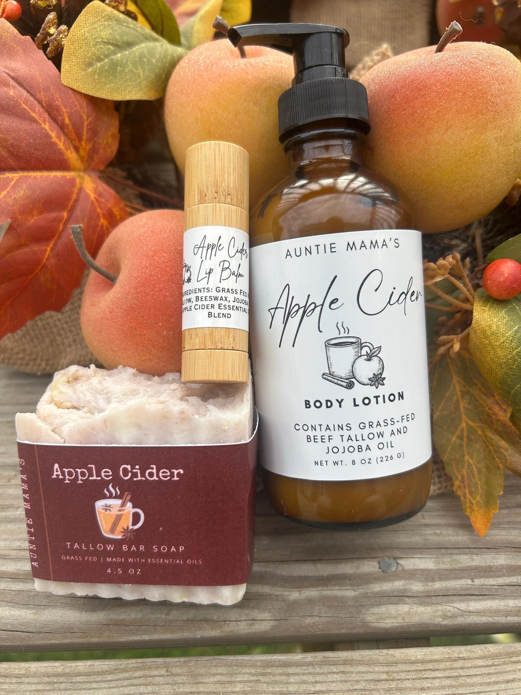 Fall Apple Cider Variety Pack - Grass Fed Tallow Apple Cider Soap - Lotion -  Tallow Lip Balm
