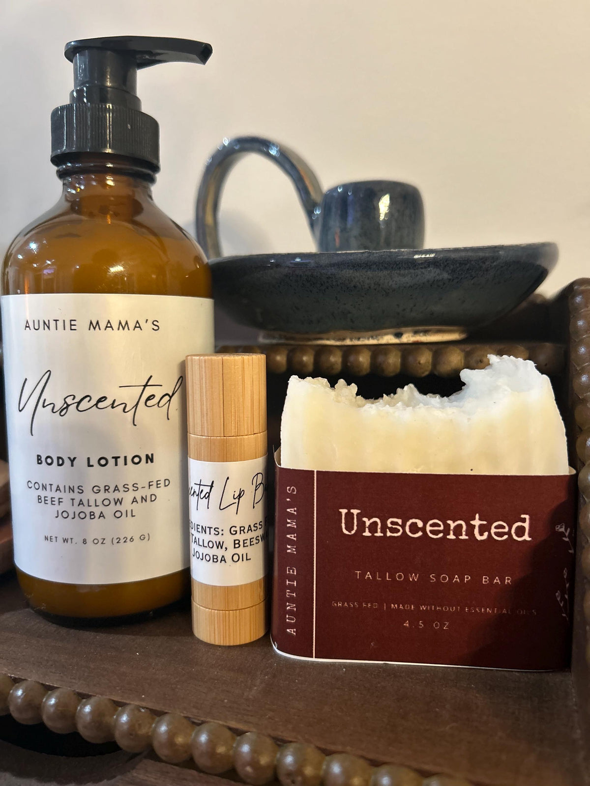 Unscented Grass Fed Whipped Tallow Bundle, Tallow Soap Bar, Body Lotion and Lip Balm