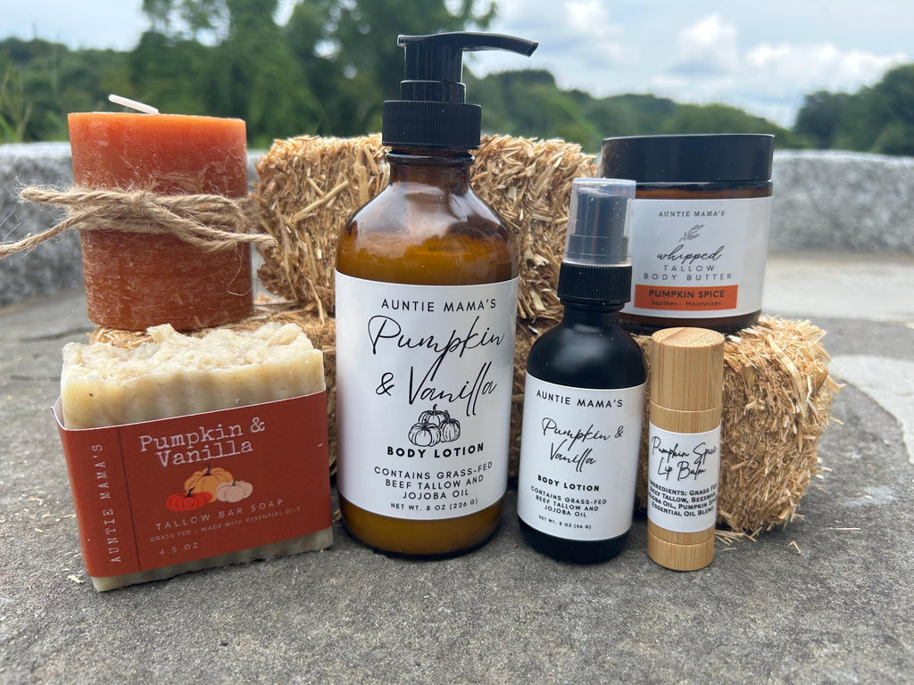 Fall Pumpkin Variety Pack - Grass Fed Tallow Pumpkin & Vanilla Soap - Lotion - Pumpkin Spice  Whipped Body Butter -  Tallow Lip Balm