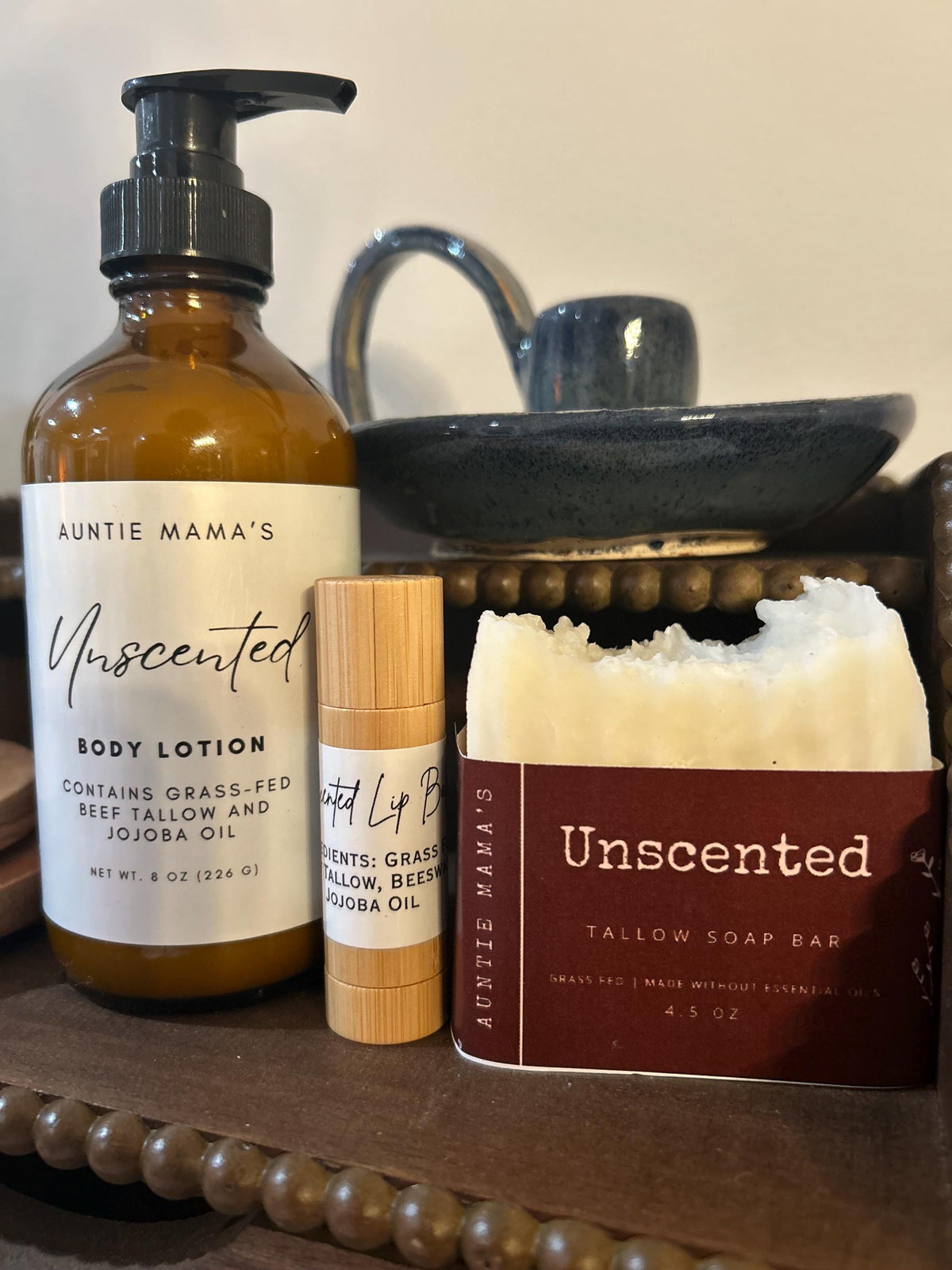 Unscented Grass Fed Whipped Tallow Bundle, Tallow Soap Bar, Body Lotion and Lip Balm