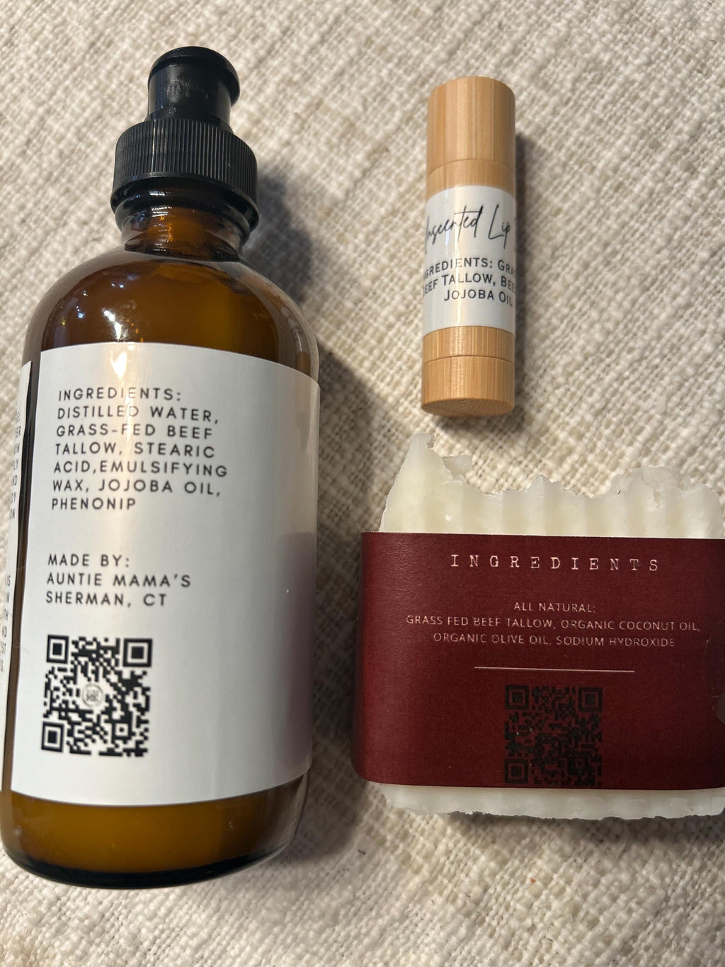 Unscented Grass Fed Whipped Tallow Bundle, Tallow Soap Bar, Body Lotion and Lip Balm
