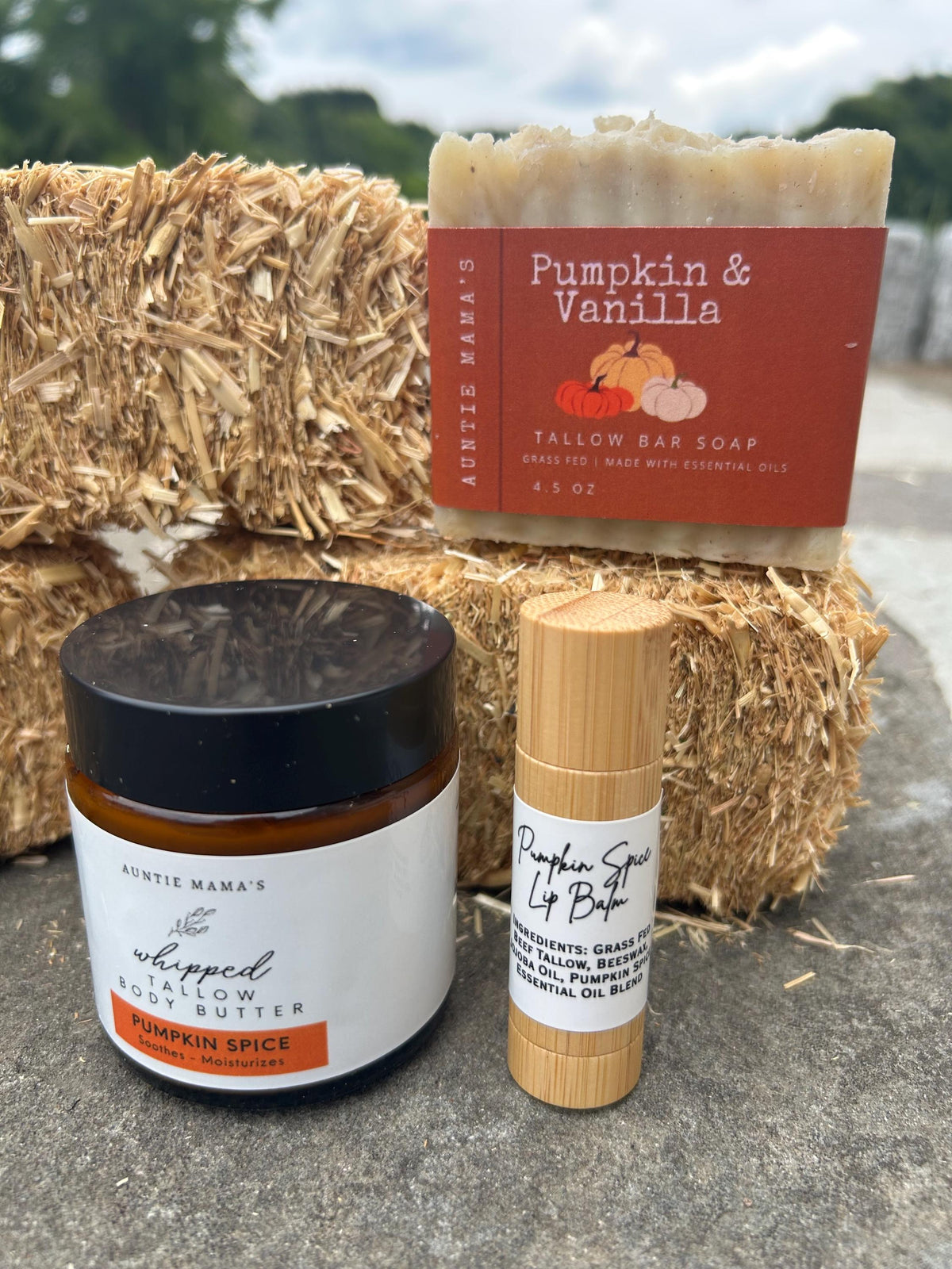 Fall Pumpkin Variety Pack - Grass Fed Tallow Pumpkin & Vanilla Soap - 4 Oz Pumpkin Spice Whipped Body Butter -  Tallow Lip Balm